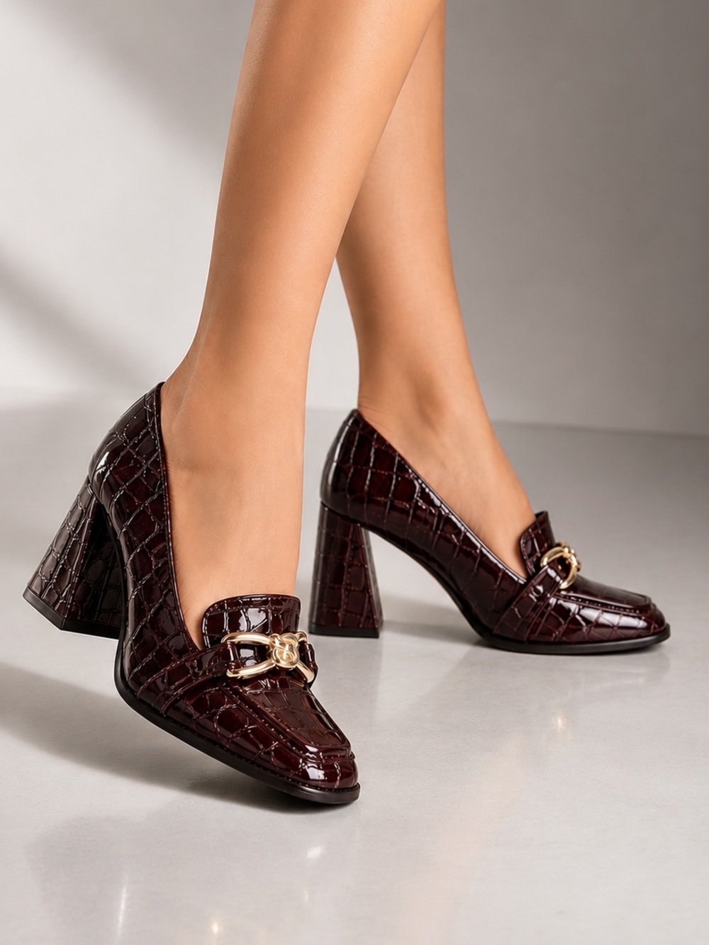 Antonio Melani Selah Croco Patent Leather Knot Ornament Block Heel Loafer Pump